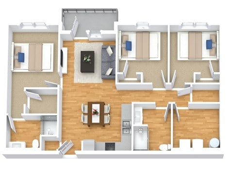 Floor plan for 3 beds, 2 baths, 1133 sqft